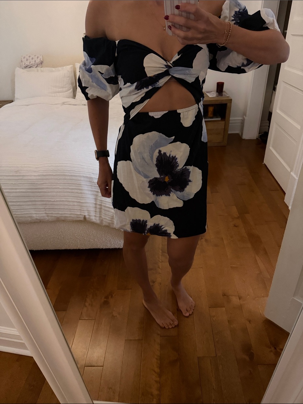 H&M Black Mini Dress with White & Light Blue Floral Print